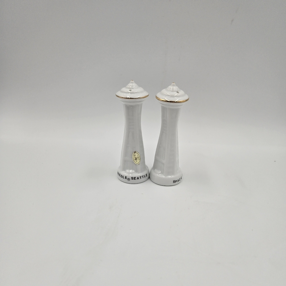 White and Gold Space Needle Salt and Pepper Shakers